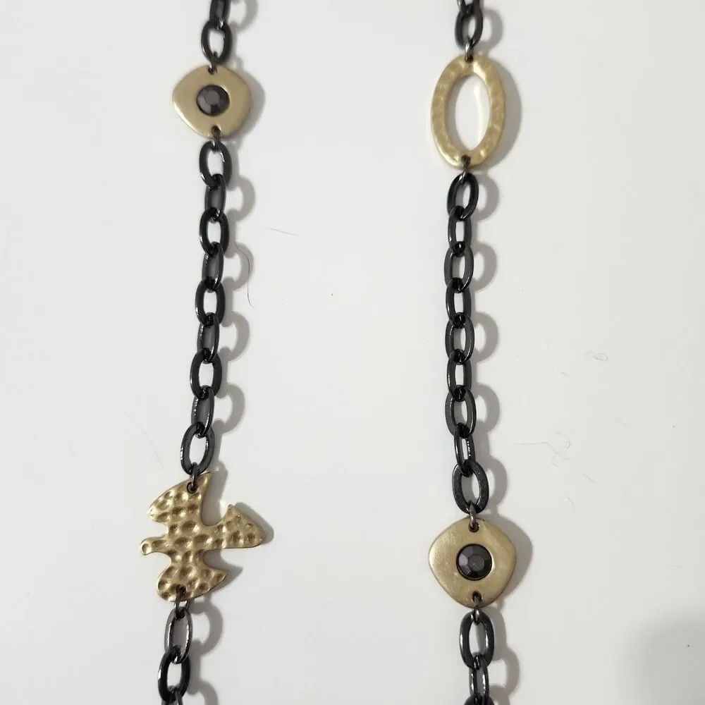 Lia Sophia Gold Tone Gun Metal Gray Long Necklace Dove Beaded Chain Ringlet
